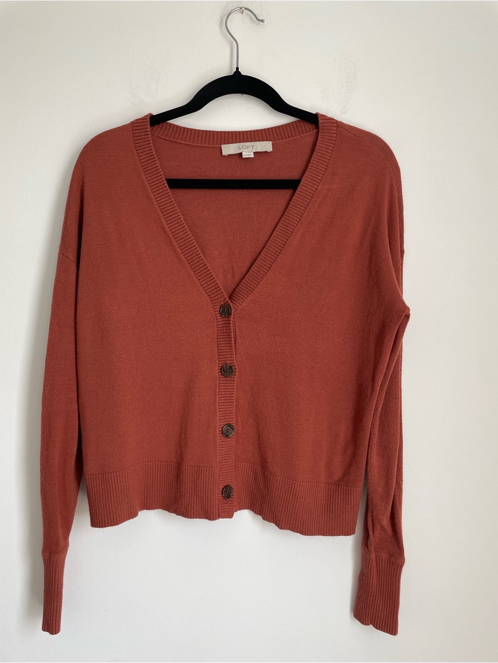 LOFT Rust/Copper Button-Front V-Neck Cardigan